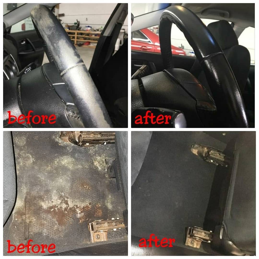 Steering wheel and floor carpet before and after interior detailing