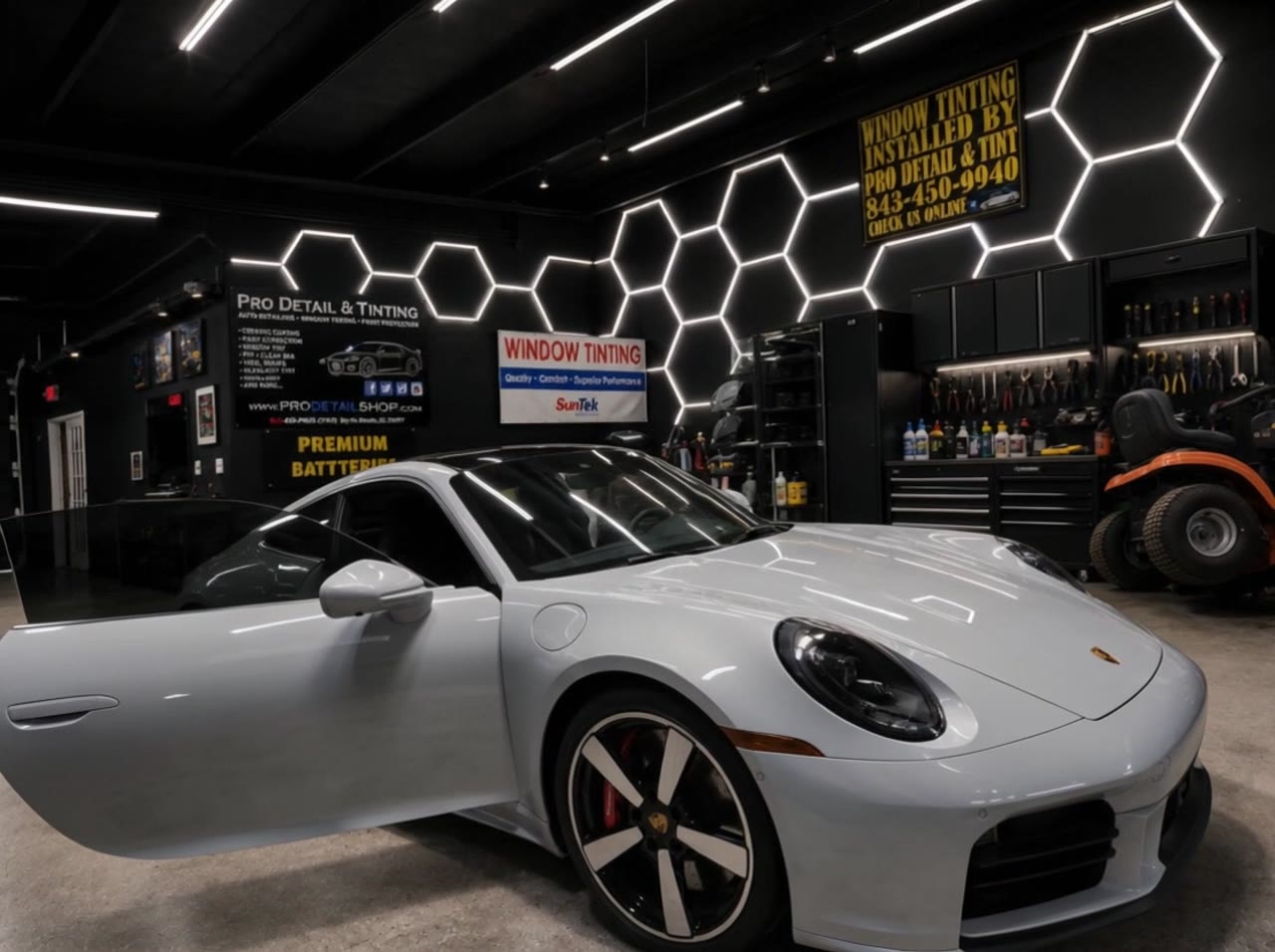 Porsche 911 inside the Pro Detail & Window Tint shop in Myrtle Beach